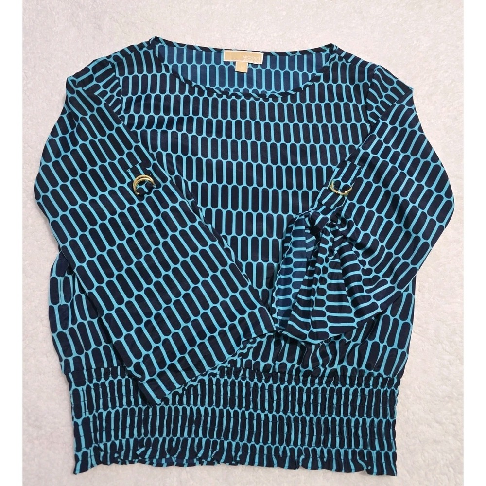 Michael Kors Womens L Blue/Teal Geometric Print Smocked Waist Long Sleeve